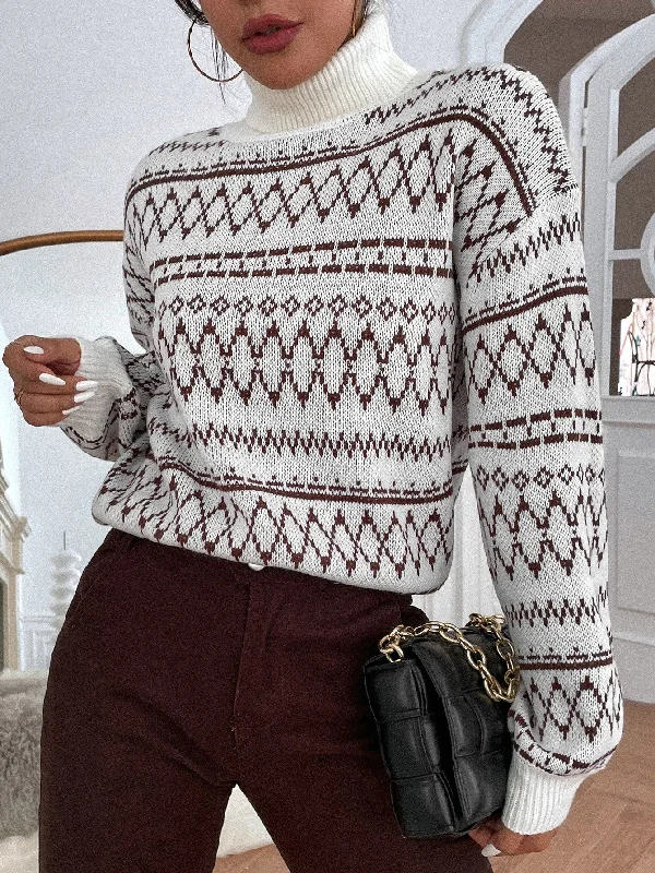 Casual Geometric Long Sleeve High Neck Regular Women Sweater Youthful Women's Anime - inspired