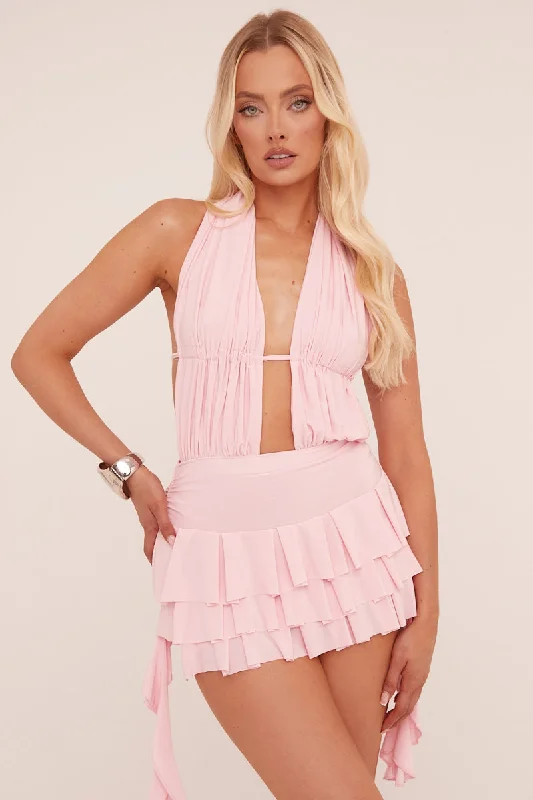 Pink Plunge Neck Frill Detail Mini Dress - Swan Classic Women's Pin - striped