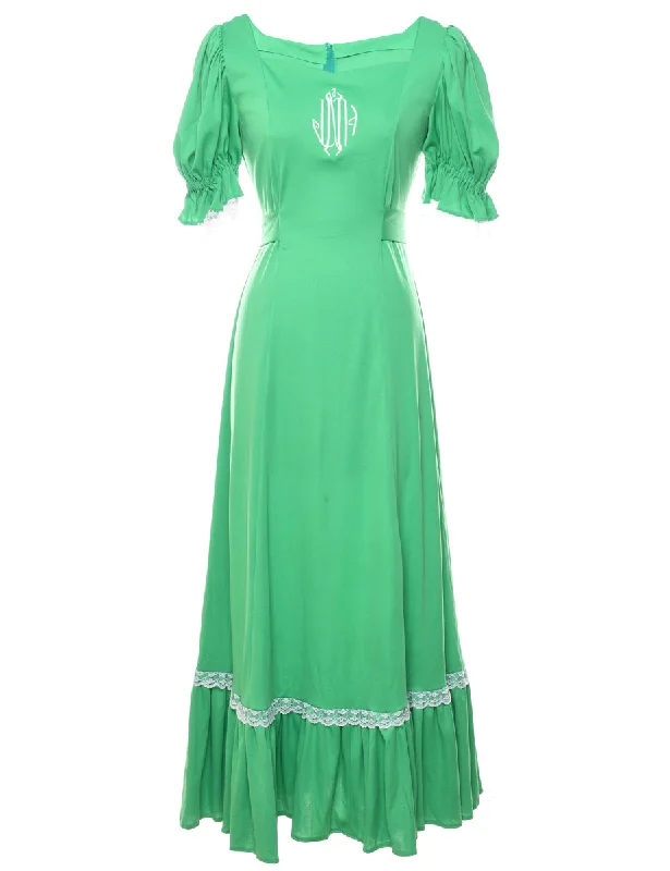 1970s Embroidered Green Prairie Style Dress - S French