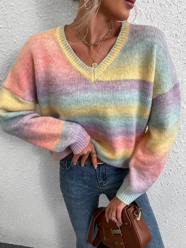 Casual Ombre Long Sleeve V Neck Regular Women Sweater