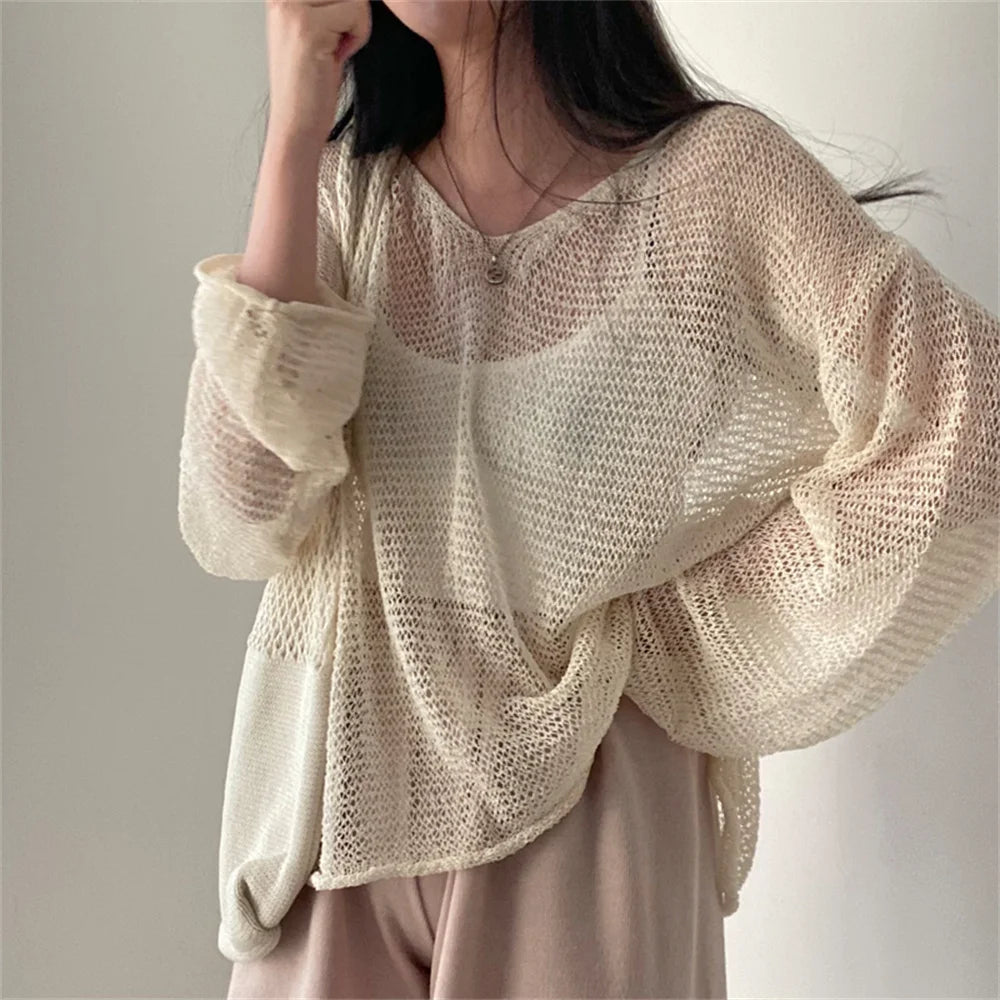 Oversized Soft Mesh Vintage Style Sweater Earthy Women's 