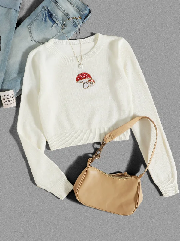 Casual Fruit&Vegetable Embroidery Long Sleeve Round Neck Crop Women Sweater Dapper Women's 1920S