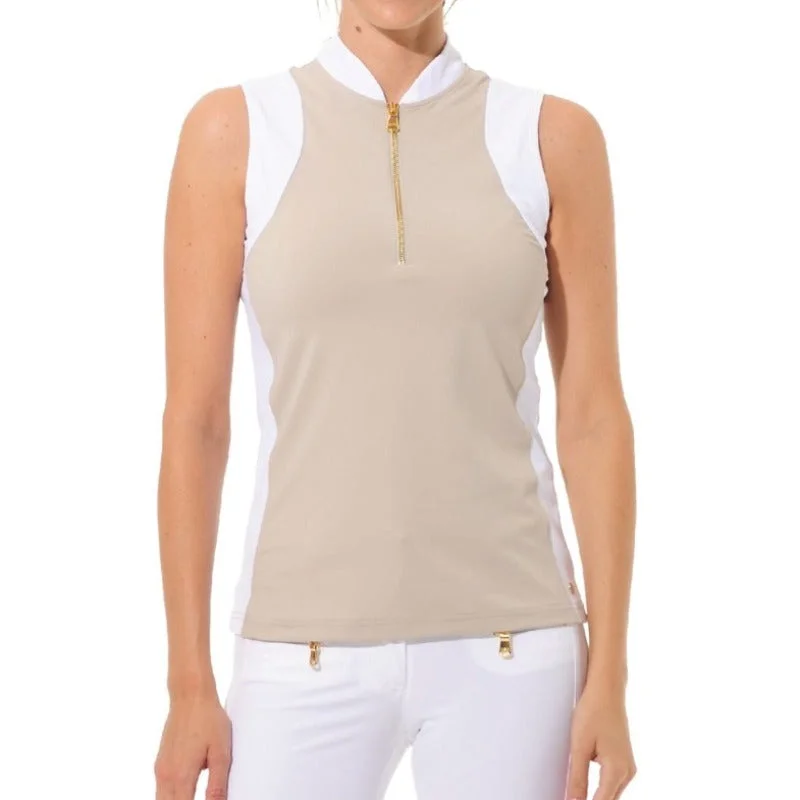 MDC S/L Zip Mock Neck Top - Taupe/White Australian Beach