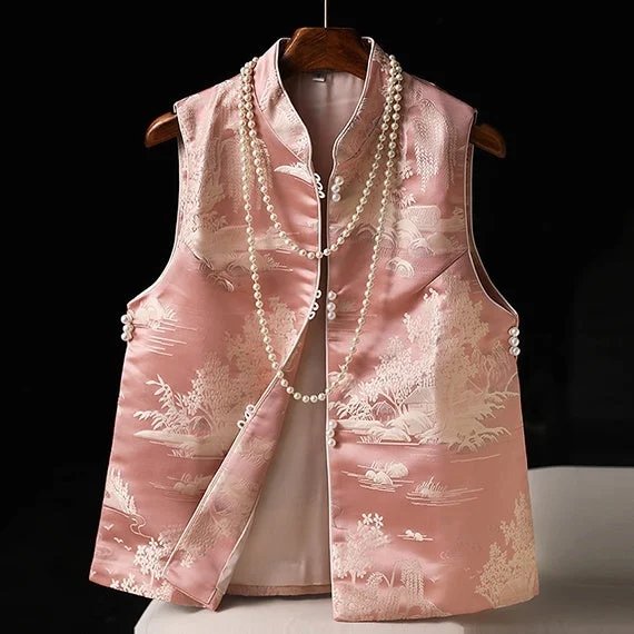 Traditional Chinese Stand Collar Vintage Vest Brocade Jacquard Waistcoat for Young Women