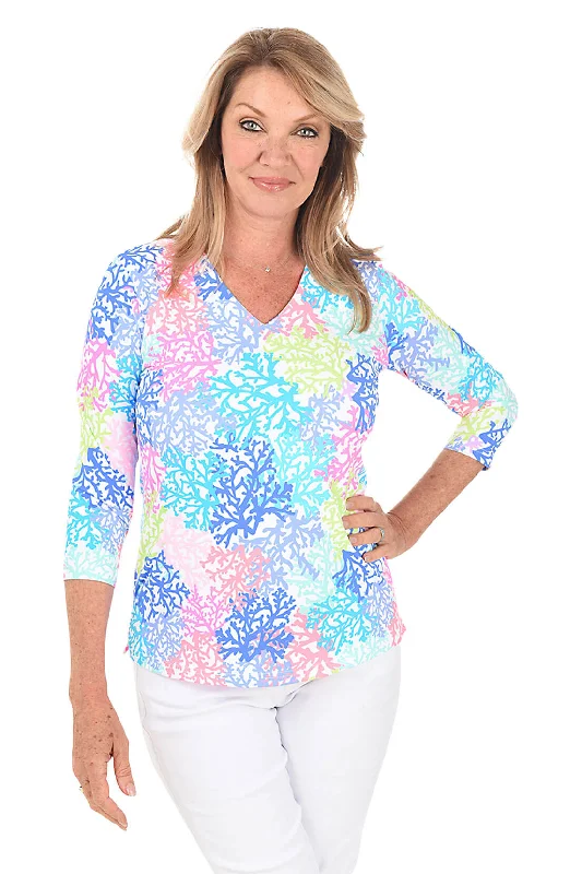 Neon Coral Classic UPF50+ V-Neck Top Earthy Women's 