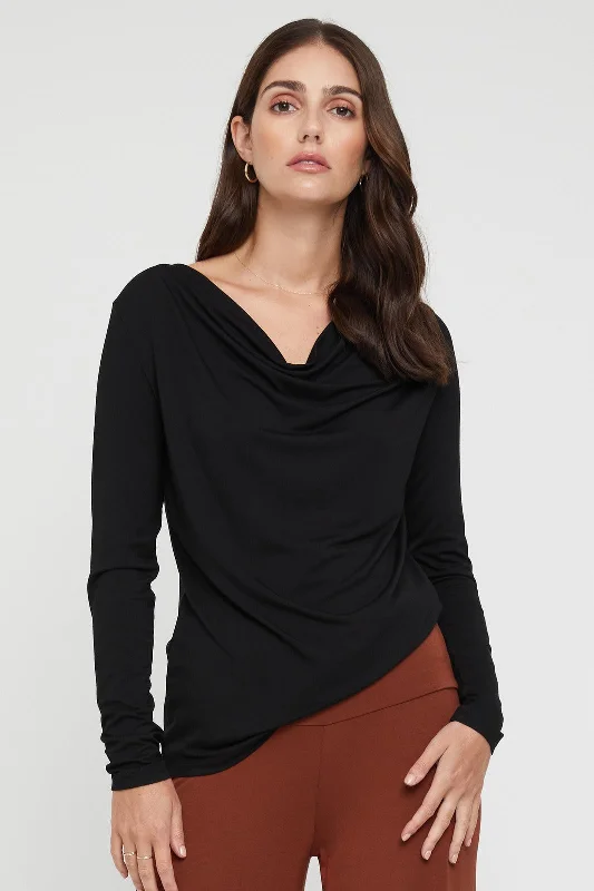 Long Sleeve Cowl Neck Top - Black Youthful Women's Pop