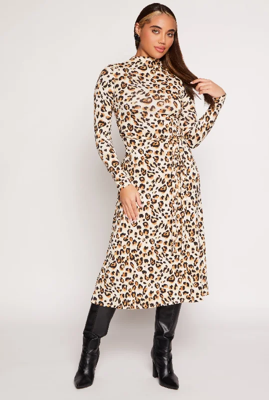 Leopard Print Tie Waist Belted Midi Dress Athletic Women's 