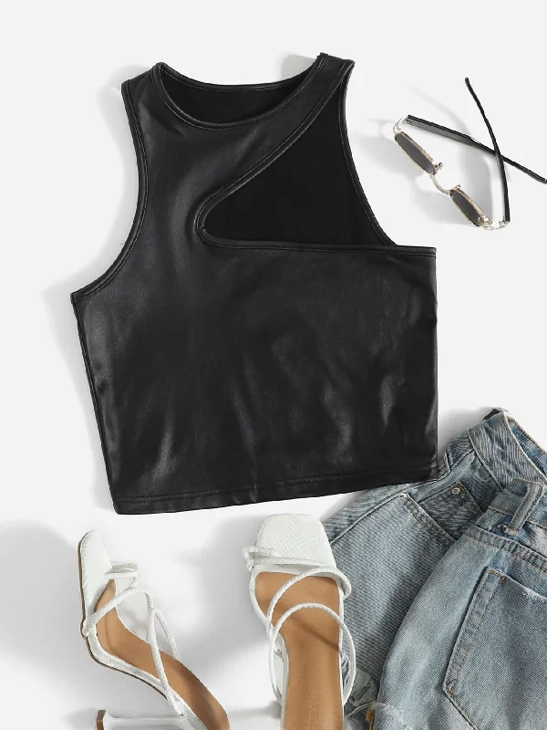 Casual Plain Asymmetrical Round Neck Crop Women Tank Top & Cami Cozy Women's Sherpa - lined