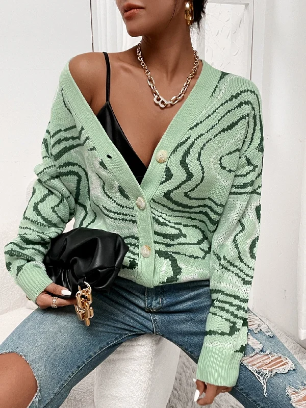 Casual Graphic Button Front Long Sleeve V Neck Regular Women Cardigan Confident Women's Power