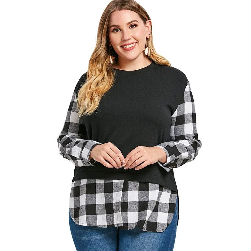 ANALUKE Plaid Panel Faux Two Piece Long Sleeve T-Shirt Classic Women's Pin - striped