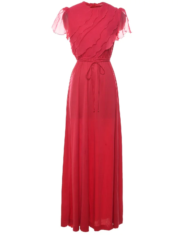 1970s Red Ruffled Sheer Detail Dress - M Refined Women's Hand - crafted