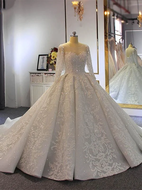 Luxury O-Neck Long Sleeves Lace- Up Ball Gown Wedding Dresses Dynamic Women's Moto