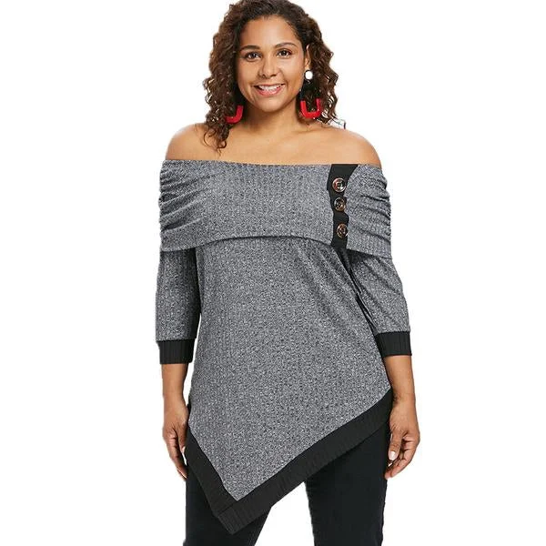 ANALUKE Off The Shoulder Contrast Trim Long Sleeve T-Shirt garde