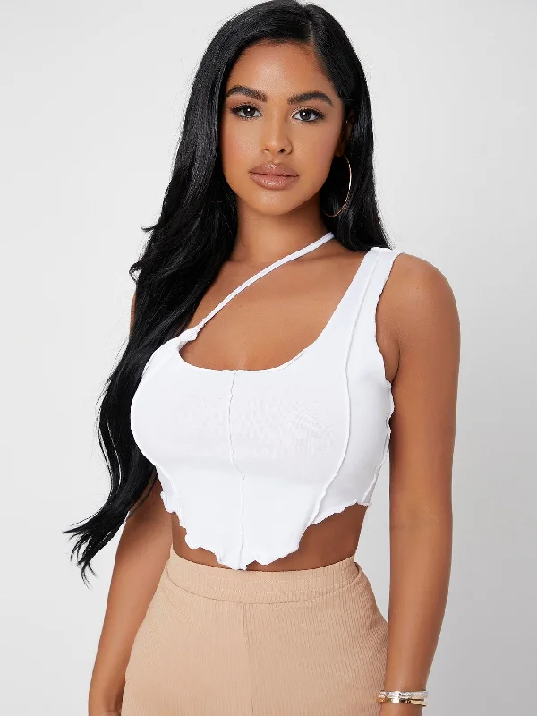 Sexy Plain Asymmetrical Sleeveless Asymmetrical Neck Asymmetrical Crop Women Top