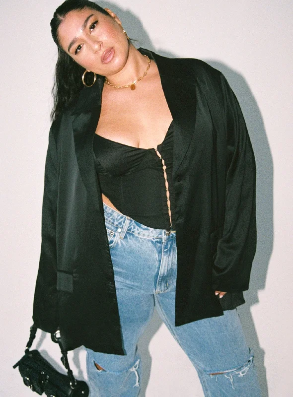 Toddy Satin Blazer Black Curve Casual Women's Loose - fitting