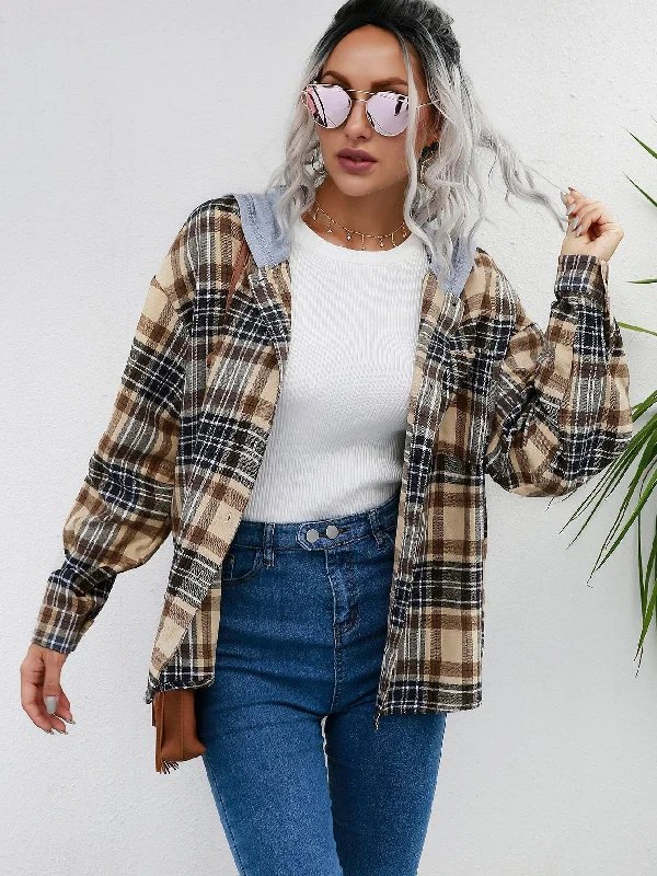 Casual Plaid Button Front Long Sleeve Hooded Regular Women Coat Trendy Women's 
