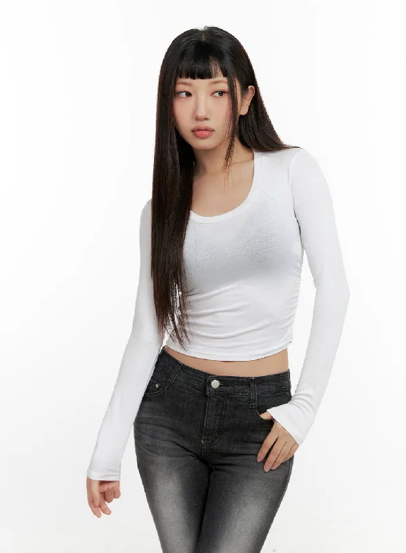 U-Neck Slim Fit Long Sleeve Crop Top CN406 Modern Women's 