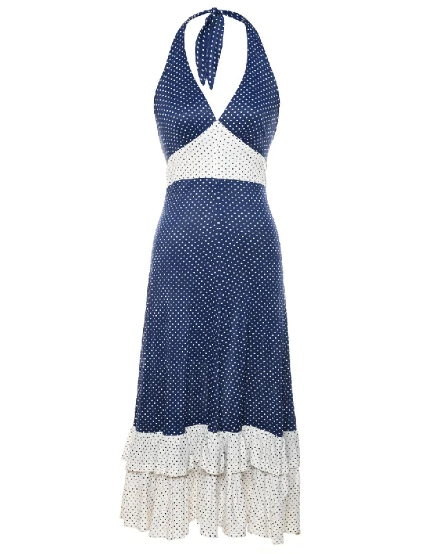 1970s Polka Dot Navy & White Halterneck Dress - S Dynamic Women's High - energy