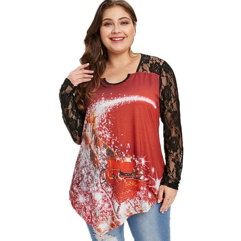 ANALUKE Lace Panel Christmas Long Sleeve T-shirt Dapper Women's Bow - adorned