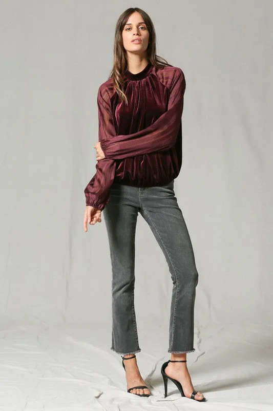 Velvet Crew Neck Blouse Monochromatic Office Style