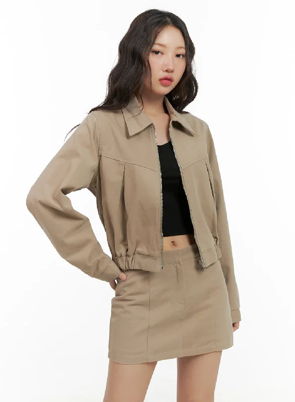 Solid Cotton Zip-Up Collar Jacket CG422 Monochromatic Office Style