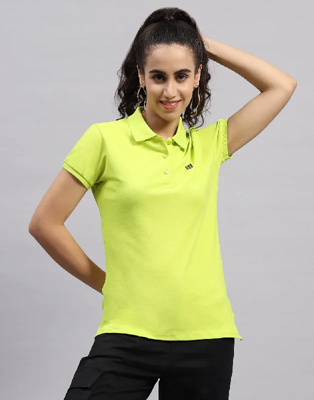 Women Fluorescent Green Solid Polo Collar Half Sleeve T Shirt Laid - back Women's Vibe