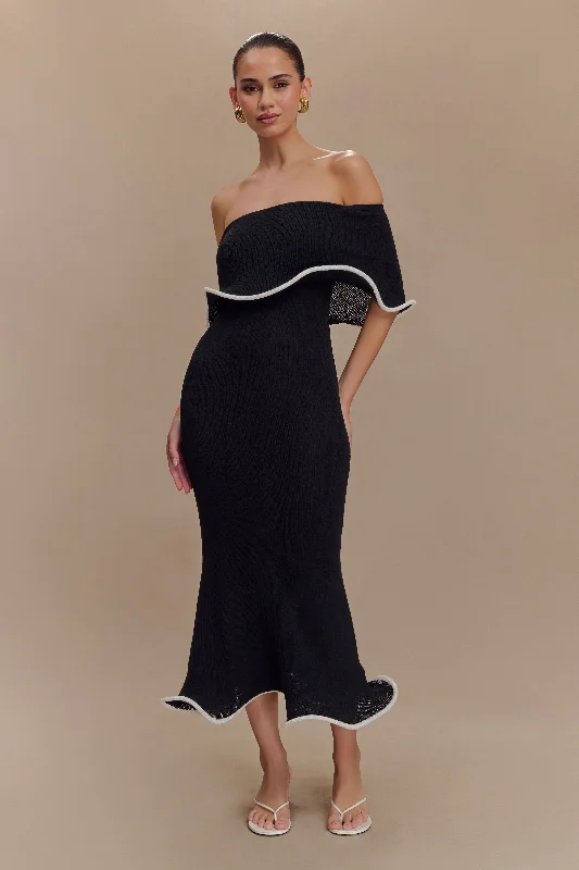 Molly Off Shoulder Knit Midi Dress - Black/White Youthful Women's Pop