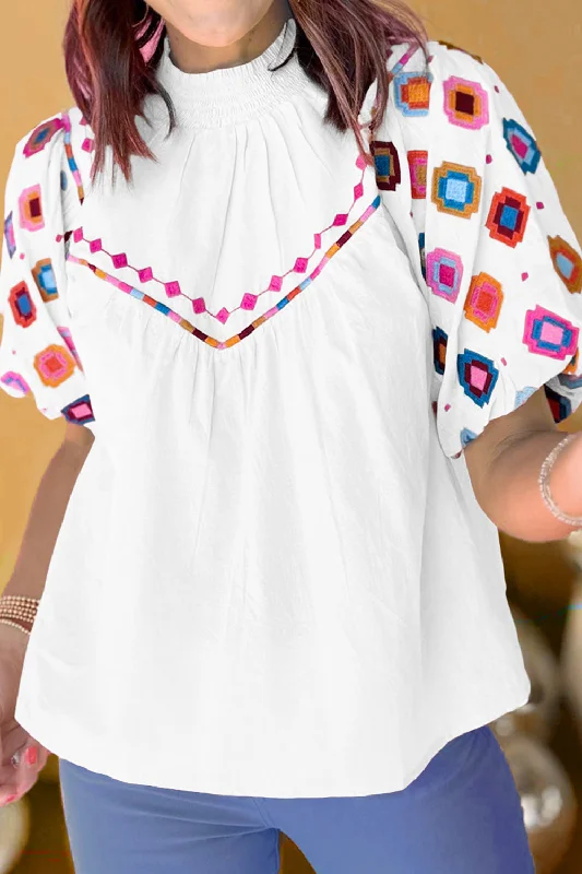 Printed Mock Neck Puff Sleeve Blouse garde