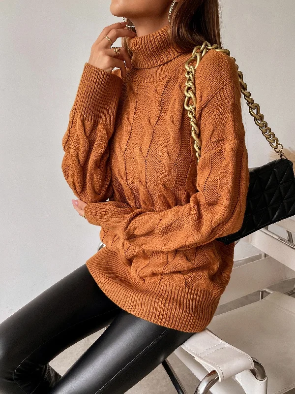 Casual Plain Long Sleeve High Neck Long Women Sweater