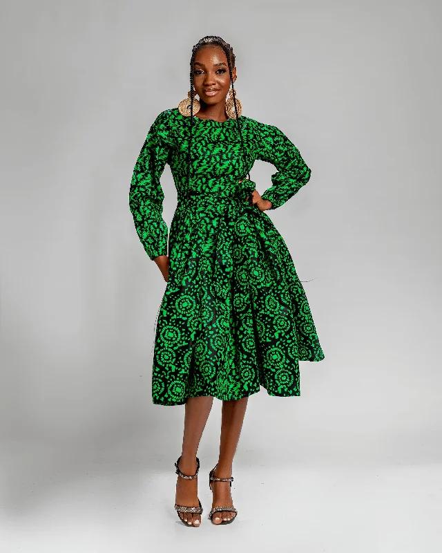 Lola Ankara Midi Dress | Green African Print Elegant Women's 