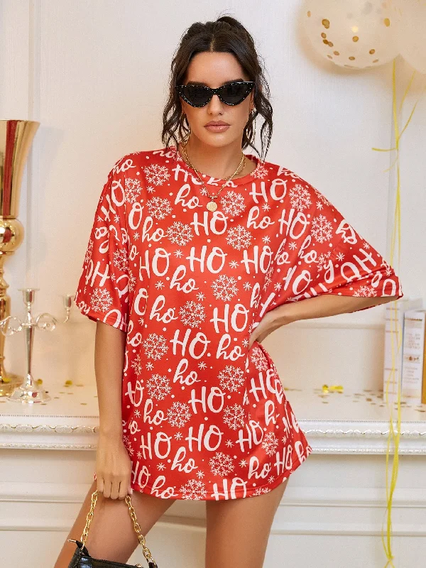 Casual Christmas Half Sleeve Round Neck Long Women T-Shirt Traditional Women's 