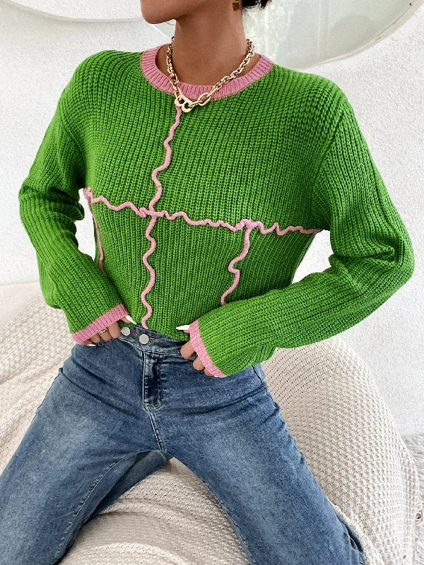 Casual Plain Contrast Binding Long Sleeve Round Neck Regular Women Sweater Australian Beach