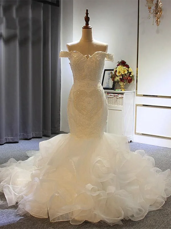 Full Beading Off-the-Shoulder Lace-Up Mermaid Wedding Dresses Practical Women's Multi - 