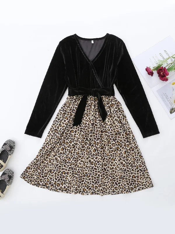 Leopard Belted Long Sleeve V Neck Flared High Waist Short Dress purpose