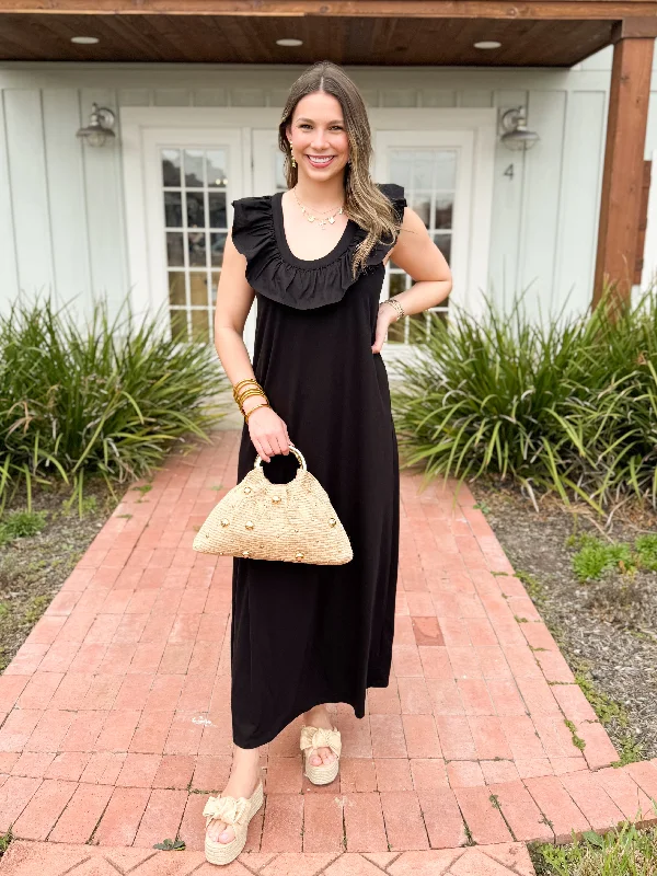 The Kim Ruffle Midi Dress-Black Stylish Women's Neon