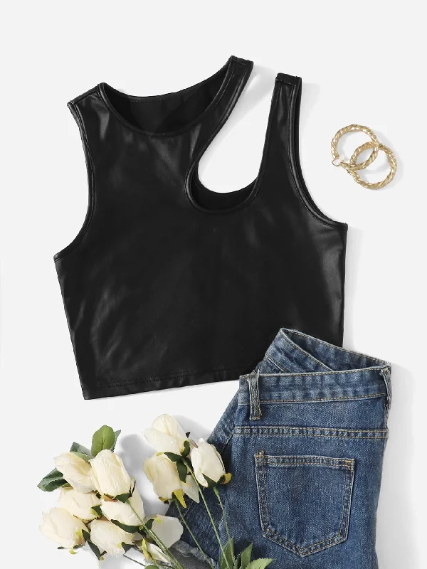 Plain Cut Out Asymmetrical Neck Crop Plus Size Tank Top & Cami