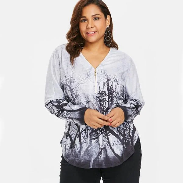 ANALUKE Halloween 3D Tree Print High Low  Long Sleeve T-Shirt Hip Women's Urban