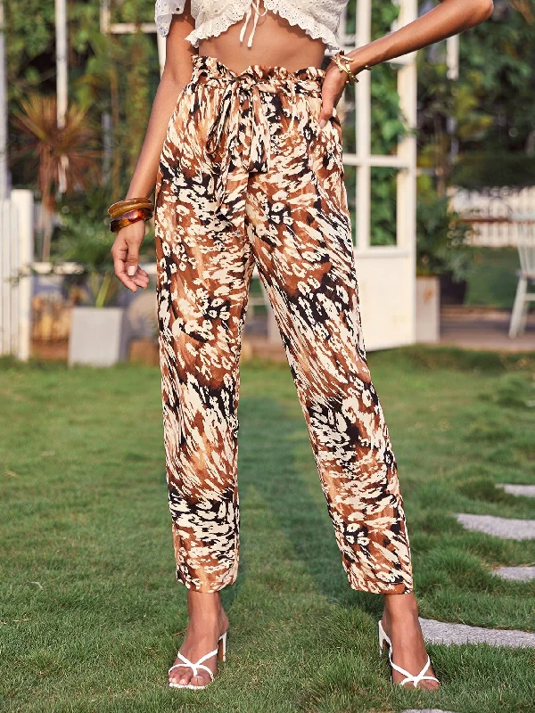 Boho All Over Print Paper Bag Waist High Waist Cropped Women Pants