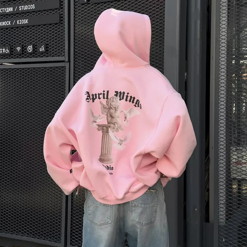 Angel Print Graphic Loose High Street Hoodie Refined Women's Hand - crafted