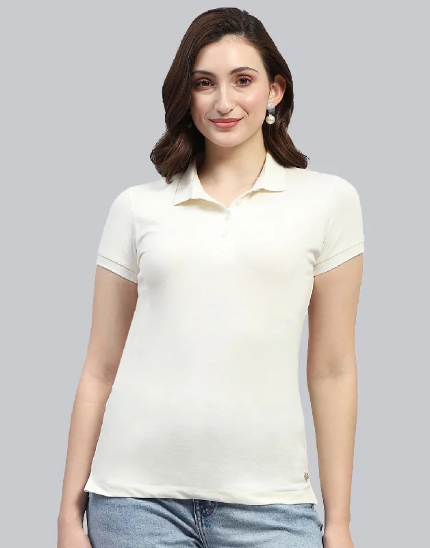Women Off White Solid Polo Collar Half Sleeve T Shirt Scandinavian