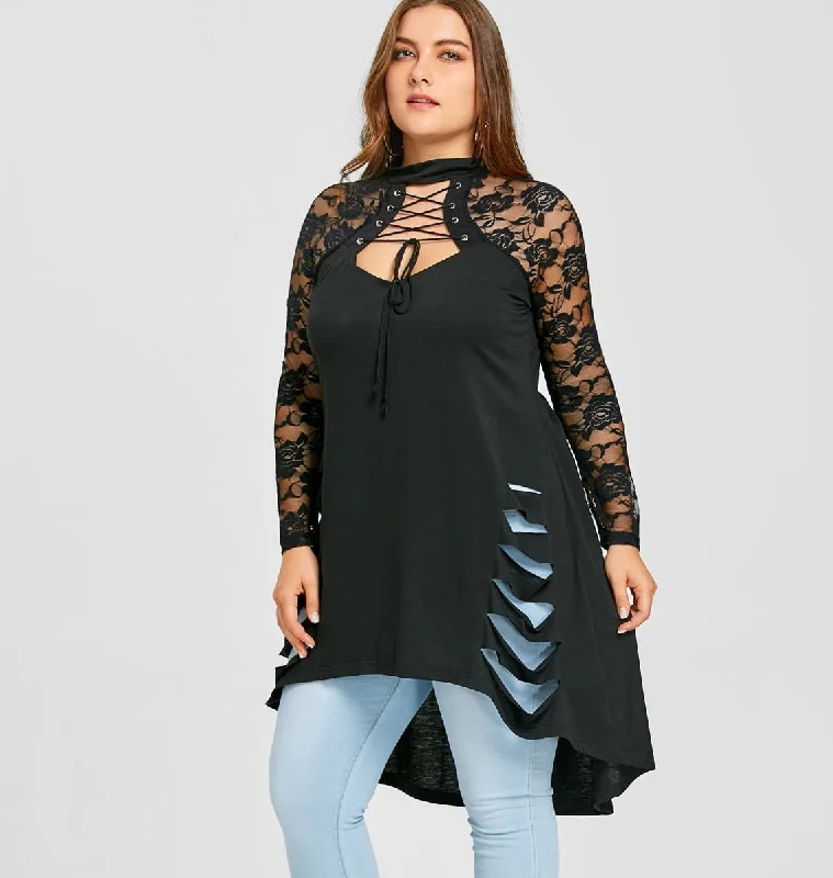 ANALUKE Sexy Lace Plus Size Long Sleeve T-Shirt