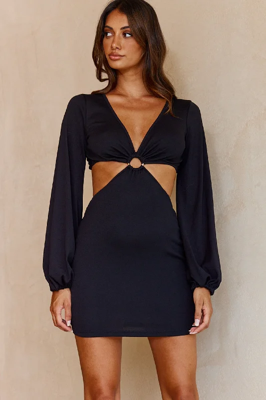 Annecy Long Sleeve Cut-Out Waist Mini Dress Black Earthy Women's Hemp - based