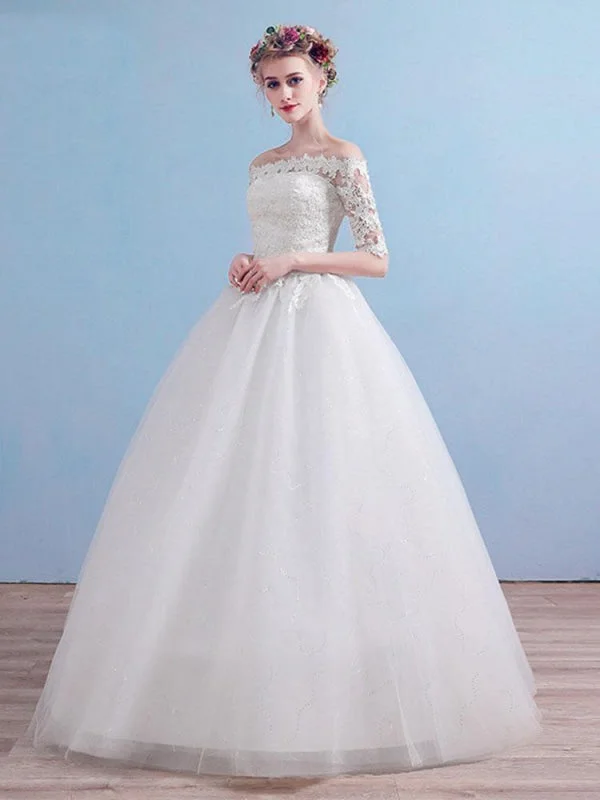 Elegant Off-the-Shoulder Long Sleeves Lace Ball Gown Wedding Dresses