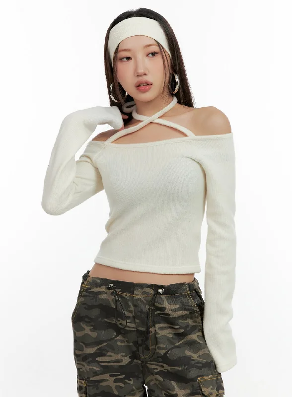 Halter Neckline Long Sleeve Crop Top CN405 Hip Women's Retro