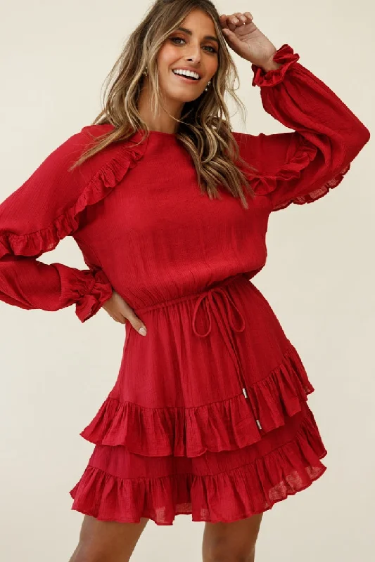 Best Wishes Long Sleeve Frill Detail Dress Wine