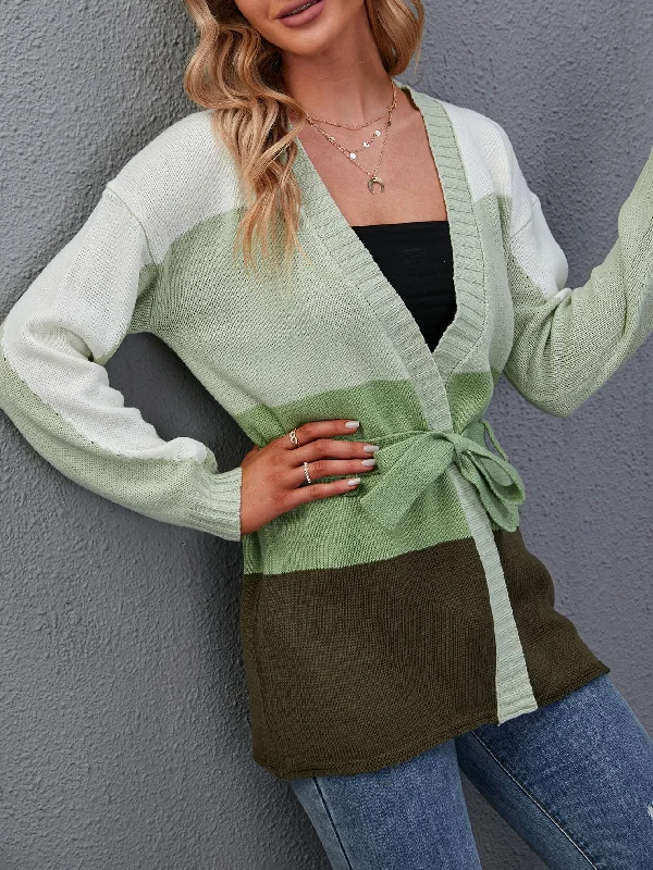 Casual Colorblock Belted Long Sleeve V Neck Short Women Cardigan Dynamic Women's Moto