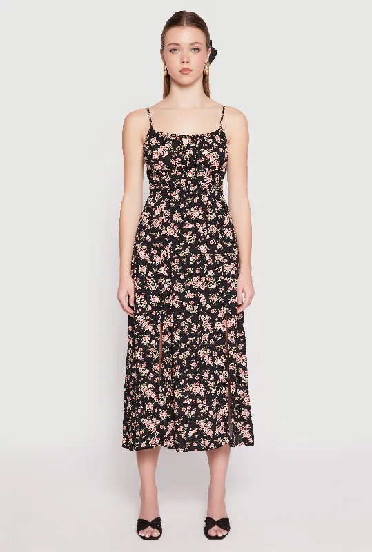 Floral Double Slit Midi Dress Monochromatic All - in - one
