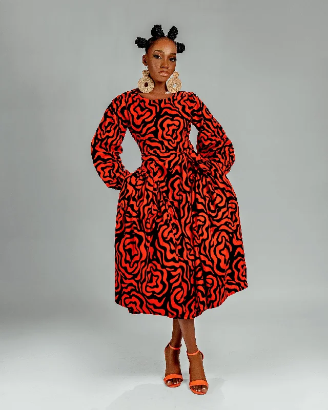 Lucia Ankara Midi Dress | Orange African Print Refined Women's Hand - crafted