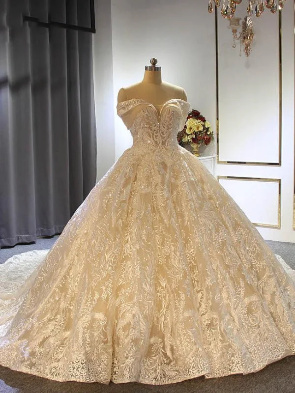 Elegant Off the shoulder Lace-Up Ball Gown Wedding Dresses with Train Edgy Women's Punk
