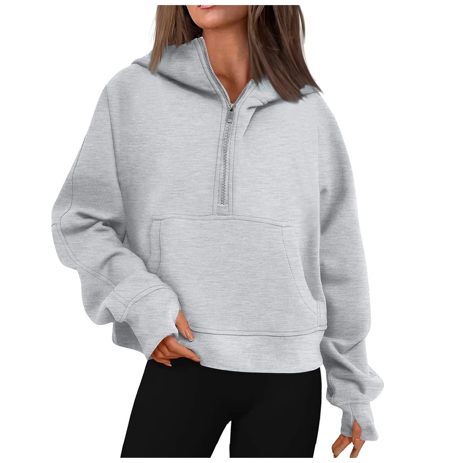 Autumn Winter Solid Color Loose Half Zip Pockets Thumb Hole Long Sleeve Hoody Modern Women's Tech